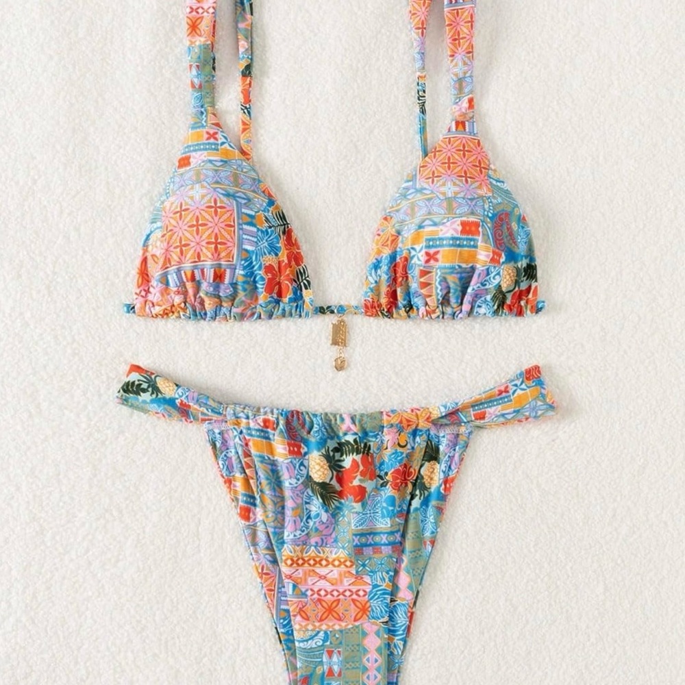 Boho Patchwork Print Bikini Set || Vibrant Tropical Colors || Size M